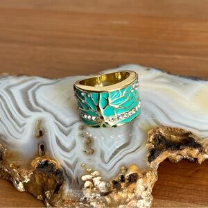 Lucky Flower Tree Ring Green Enamel Wide Ring Party Crystal Vintage Jewelry